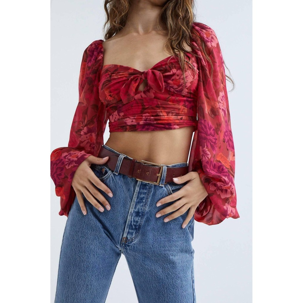 For Love & Lemons Trisha Crop Top Red Pink Floral Balloon Sleeve Womens XS